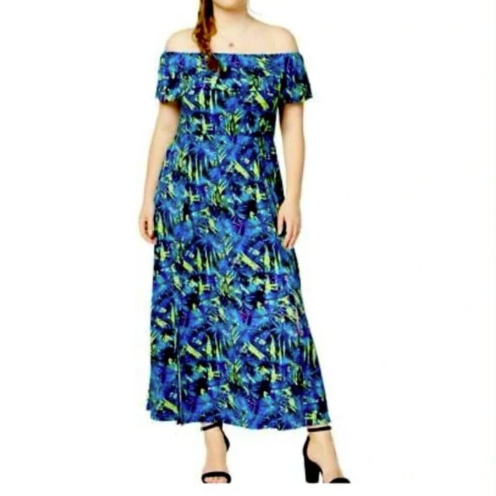 New Fox & Royal Blue Retro Multi‎ Palm Print Off Shoulder Maxi Dress 2X Vacation